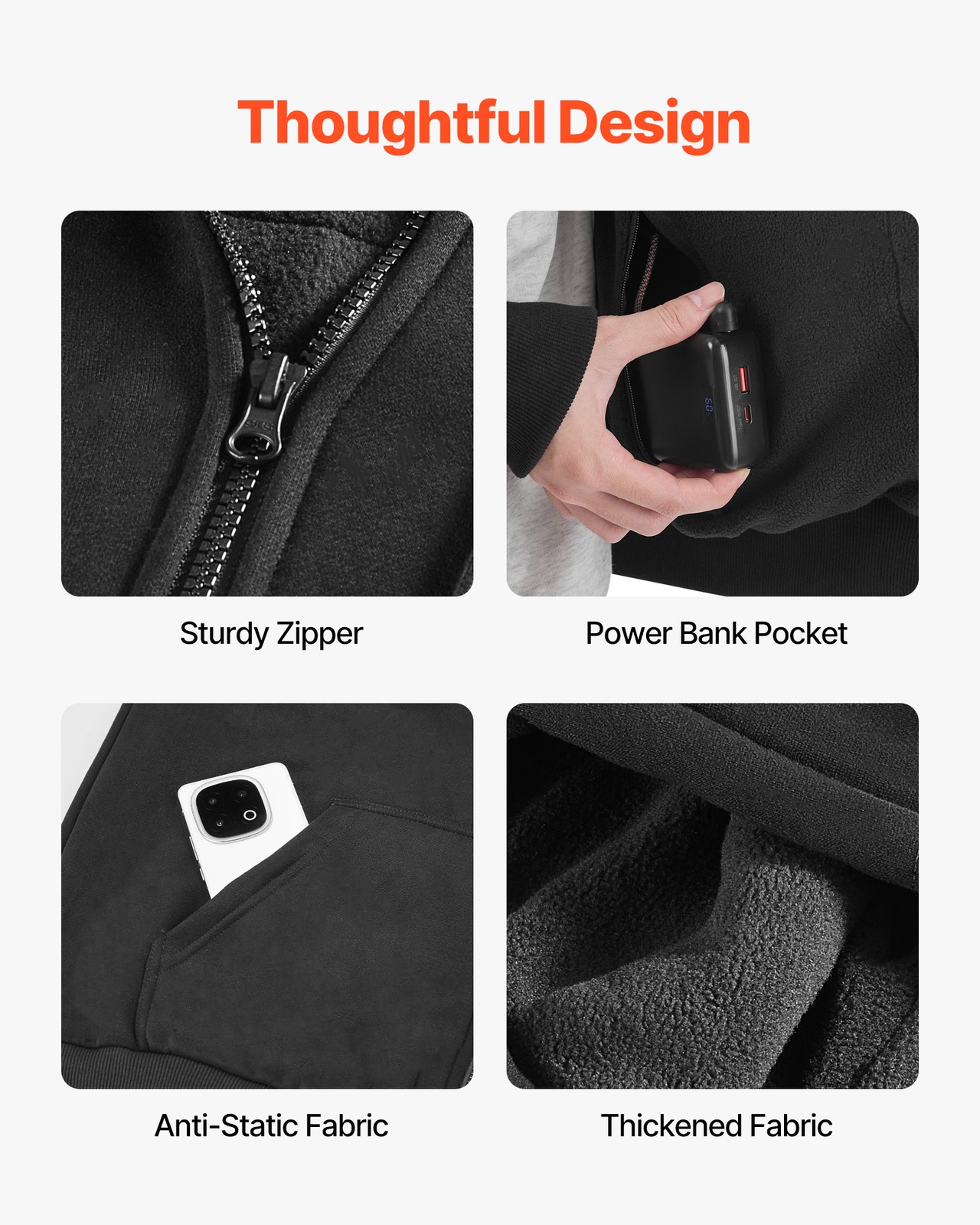 VEVOR Heated Jacket Hoodie Sweatshirt Men Women 5 Heating Zones 3 Temps