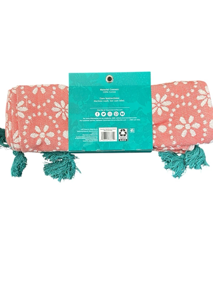 Pioneer Woman Table Runner Daisy Geo Coral Turquoise Tassels NWT  14”W x90”L - Image 2 of 4