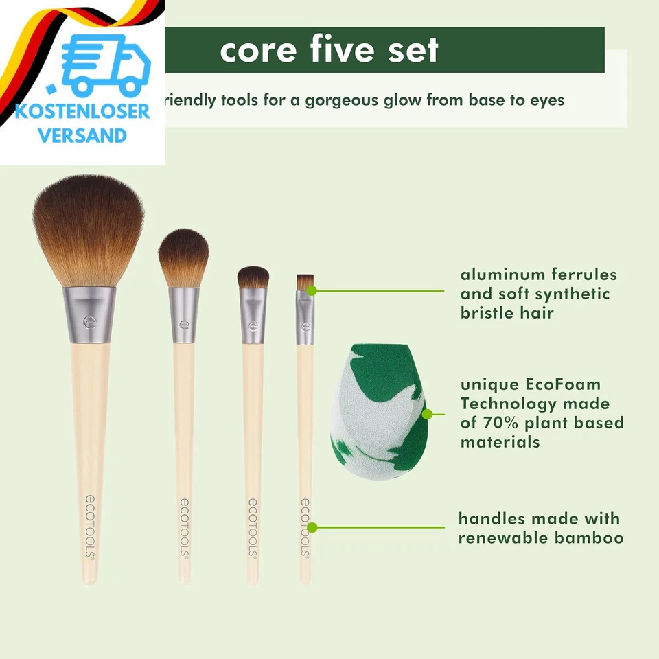 Ecotools Core Five Make-Up-Pinsel- Und Schwamm-Set, Für Lidschatten, Rouge, Bron - Bild 2 von 4