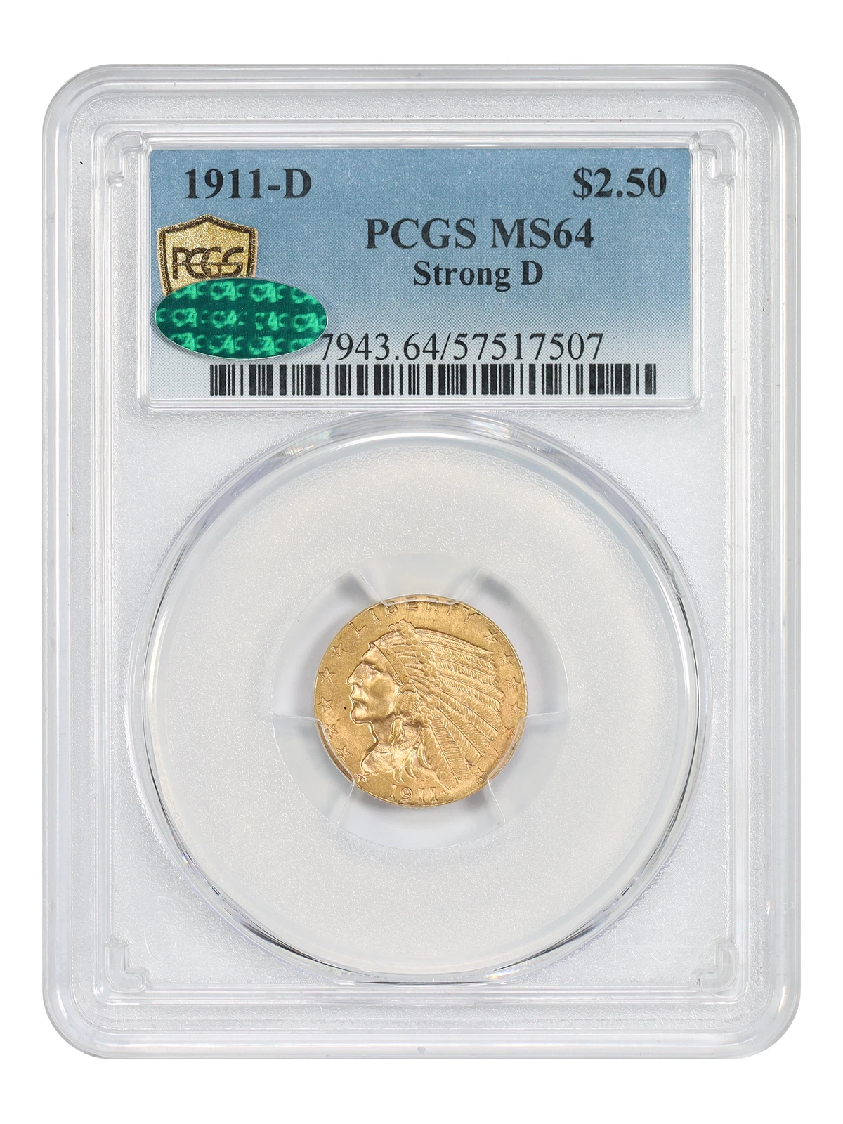 1911-D $2.50 PCGS/CAC MS64 (Strong D) - Indian $2.5 - The Key Date to the Series