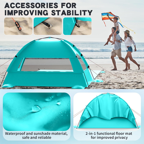 Beach Tent Sun Shelter with Extended Sand Mat 114×82Inch，Upf 50+ Protection, 3 D - Picture 5 of 12
