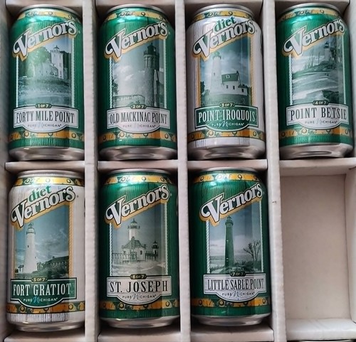Complete Set of 7 2018 Vernors Michigan Lighthouse Collection Soda Pop Cans