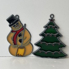 Stained Glass Christmas Tree  Snowman Holiday Sun Catchers Vintage