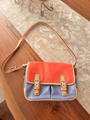 COACH Leather Park Color Block CROSSBODY Flap Bag F23383 Coral Powder Blue EUC