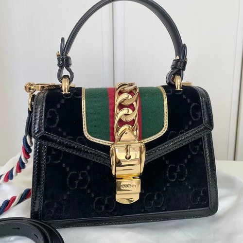Gucci Velour x Leather Shoulder Bag, Handbag, Black, 2-way