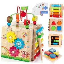  Wooden Activity Cube, 8-in-1 Wooden Montessori Learning Toys for 18 M+ 