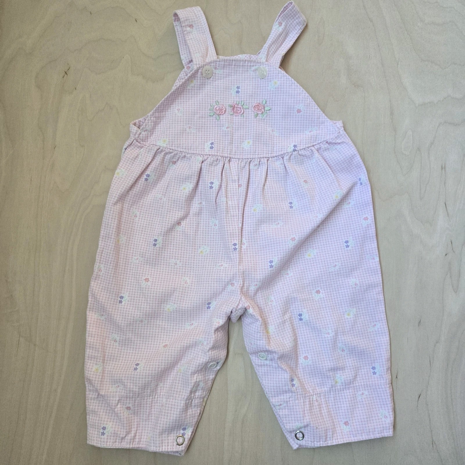 Vintage Baby Girl Pink Gingham Floral Overalls 3-6M 90s Cotton Embroidered Rose
