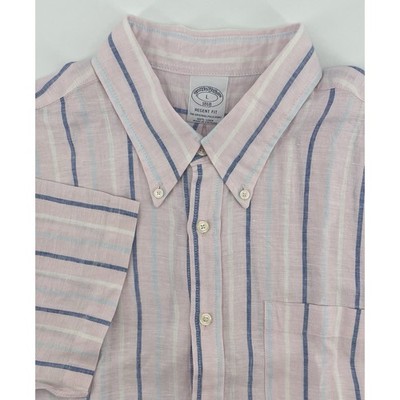 Brooks Brothers Shirt Mens L Pink Striped 100% Linen Regent Fit Short Sleeve