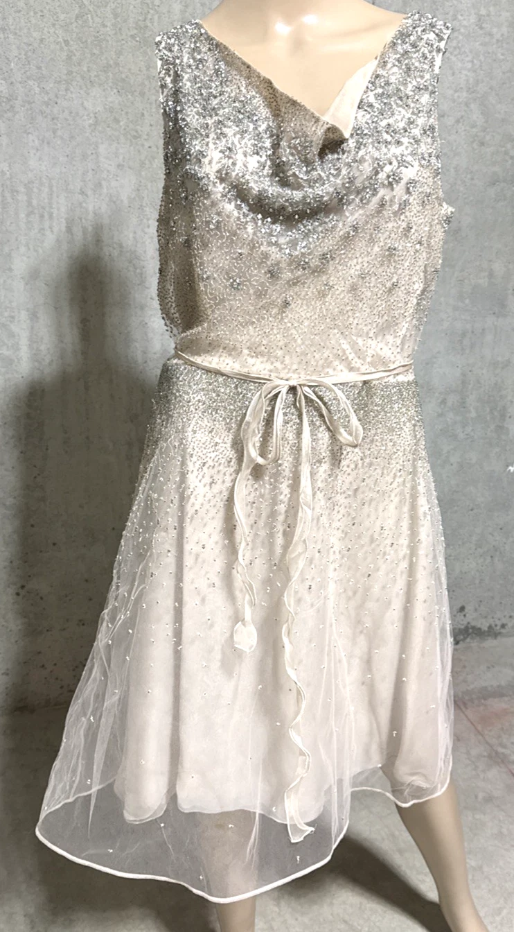 Valentino — Valentino Crystal Embroidered Beige Silver Tulle Cocktail Dress  US 8 10 / IT 46