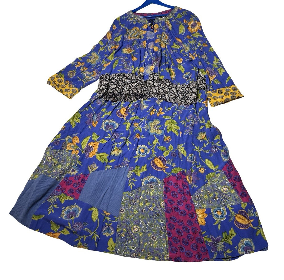 VTG Carole Little 2pc Skirt Cardigan Set Sz 16 Blue Patchwork Floral FLAWED READ