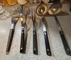 Vtg 5 Flint Ekco Stainless Steel Cooking Utensils Mashers Fork Ladles Black Hand — photo 1