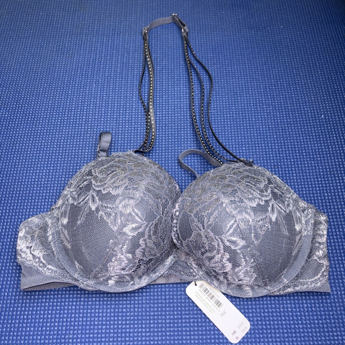 NWT BEYOND SEXY LA SENZA 36C Gray Push Up Strappy Plunge