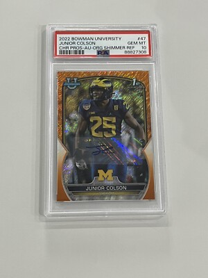 2022 BOWMAN UNIVERSITY JUNIOR COLSON CARD RC SHIMMER ORANGE AUTO /25 PSA 10