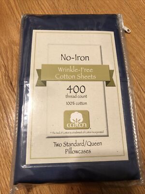 No-Iron Wrinkle-Free Cotton 400 Thread Count Two Standard/Queen Blue Pillowcases