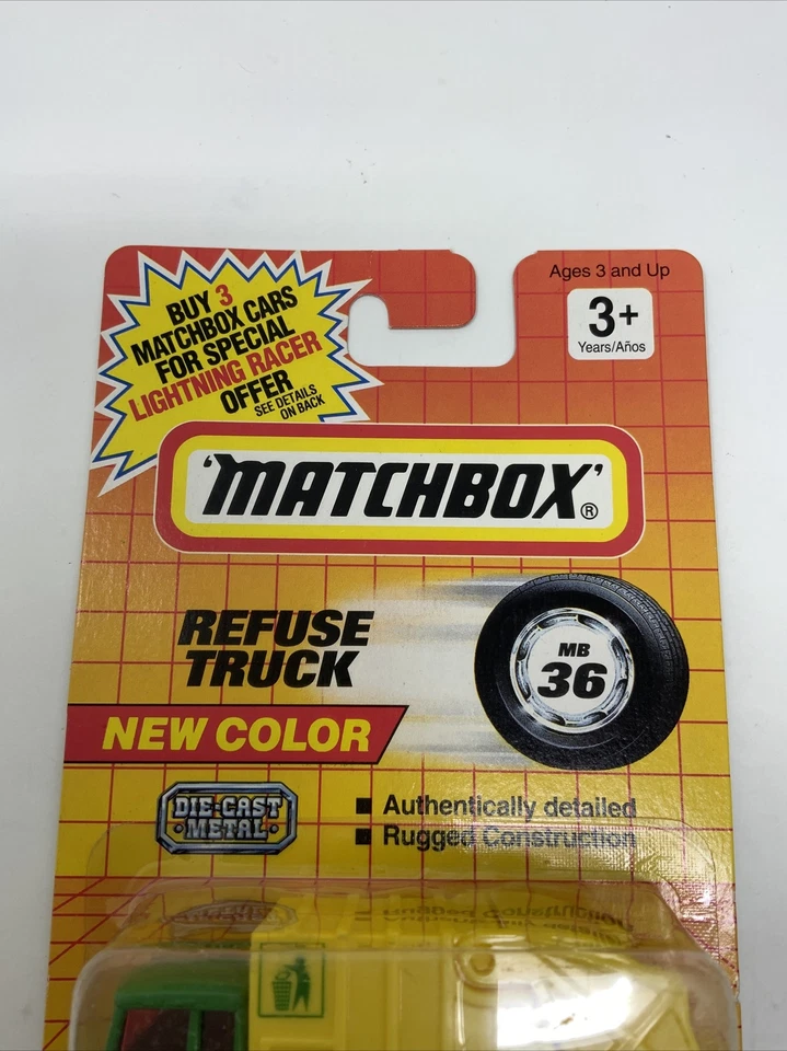 Camión de eliminación de residuos Matchbox 1990 MB36 amarillo/verde metal fundido a presión Foto 3 de 4