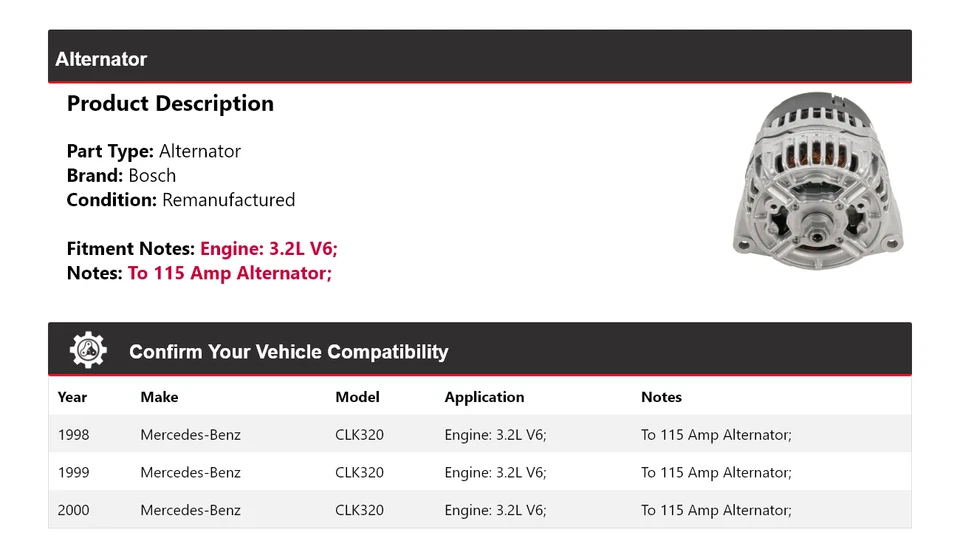 Alternador Bosch para Mercedes CLK320 1998-2000 3,2 L V6 (Remanufacturado) 1999 Foto 2 de 4