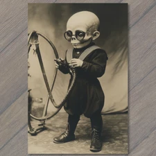 POSTCARD Creepy Skull Child Tech Gear Navy Clothes Surreal SciFi Weird Emo