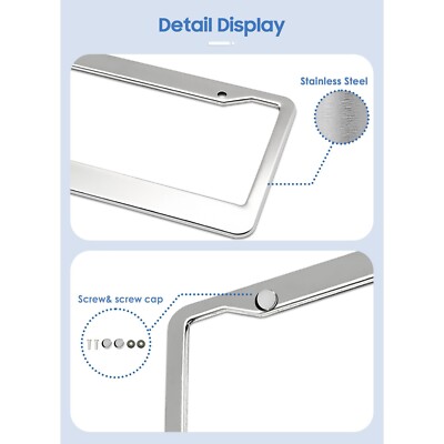 2-Pack Stainless Steel License Plate Frames - Rustproof Universal Cover With Screws & Caps (Silver)