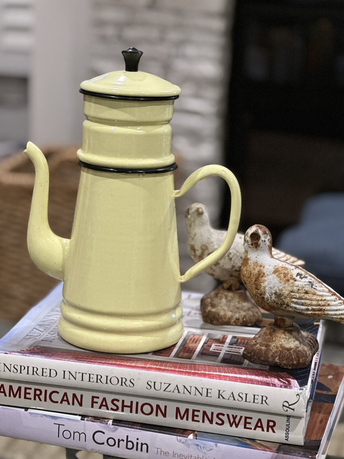 Vintage Enamelware French Drip Press Yellow Coffee Maker 5 Piece 11&rdquo; Tall