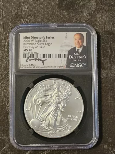 2020 W BURNISHED SILVER EAGLE NGC MS70 FIRST DAY OF ISSUE FDI EDMUND MOY SIGNED