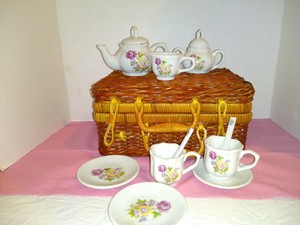 tea set in a basket
