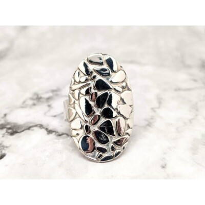 Wide Sterling Silver Adjustable Oval Pebble Ring Long 925 Cobblestone Ring