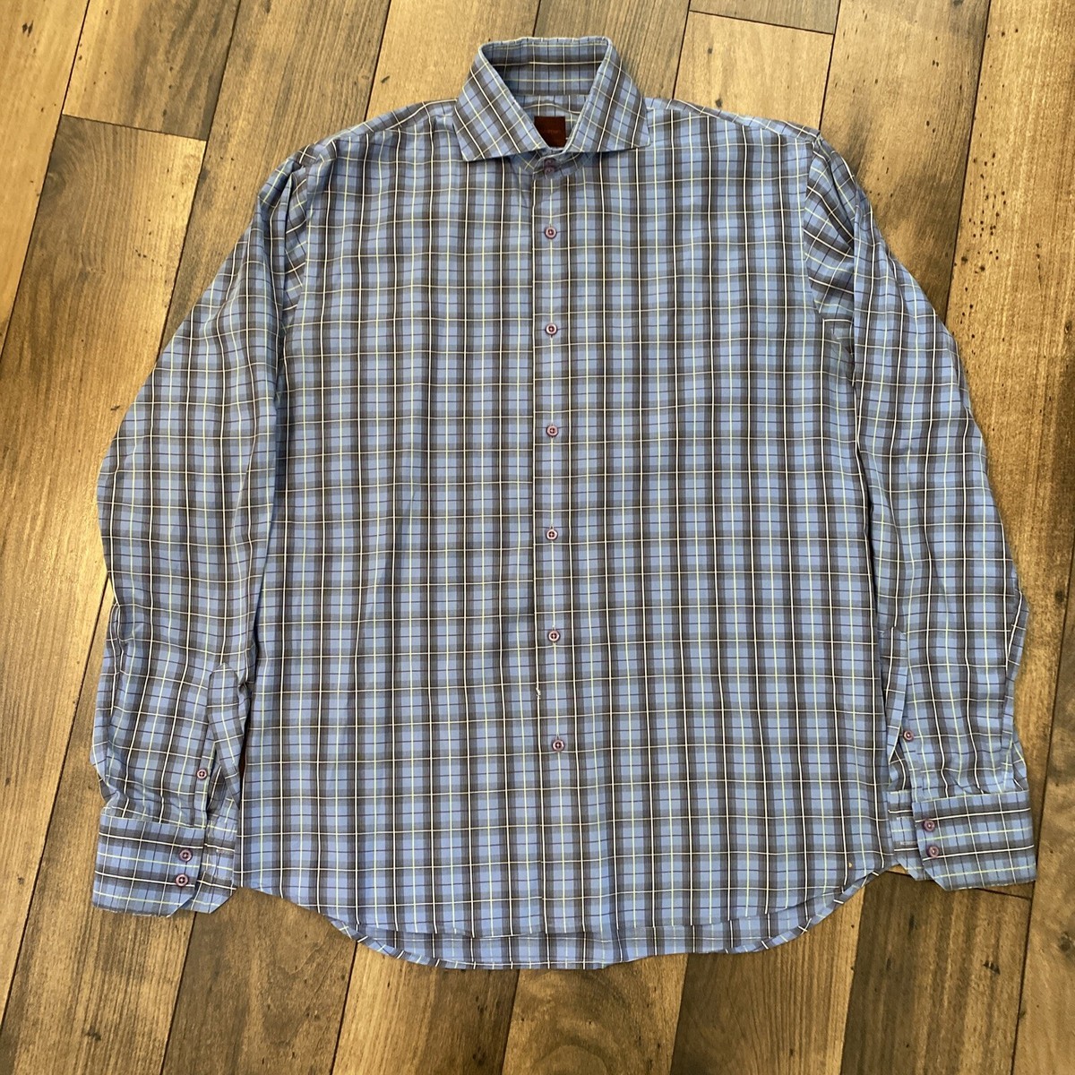 kuhlman dress shirts Kuhlman Dress Shirt Men 16.5 Green Plaid Cotton Long Sleeve Button Front Italy