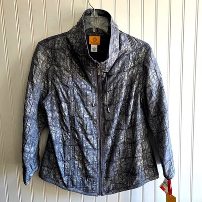 Ruby Rd Metallic Quilted Jacket 8 Silver Full Zip Indie Glam Rave Punk Festival