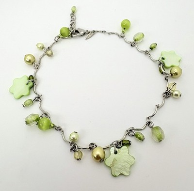 Avon Silver Tone Green Cat Eye Beaded Anklet Charm Dangle Adjustable Y2K