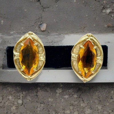 Whiting & Davis Earrings Large Marquise Amber Tone Clip On Signed Vintage MCM
