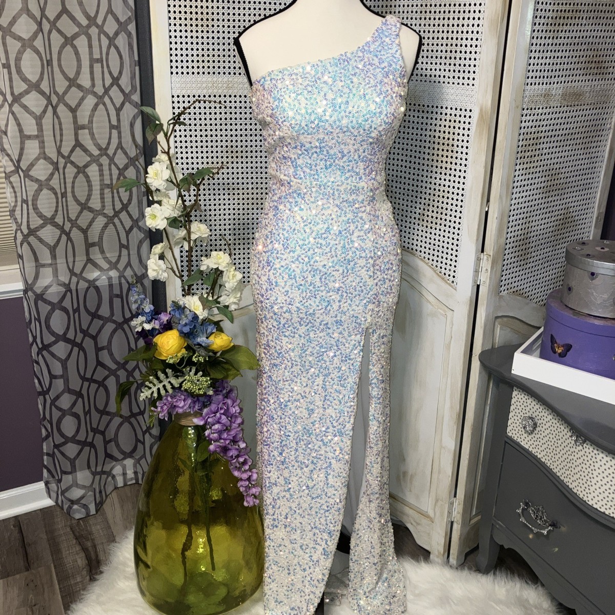 Windsor Sequin White Floor Length Dress Stretchy One Shoulder Prom Size X  Small | eBay