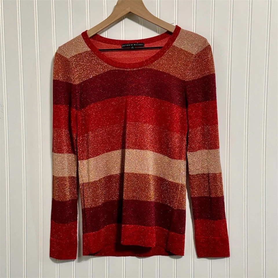 Antonio Melani Sweater Medium Red Gold Metallic Striped Crew Neck Holiday Party - Image 2 of 4