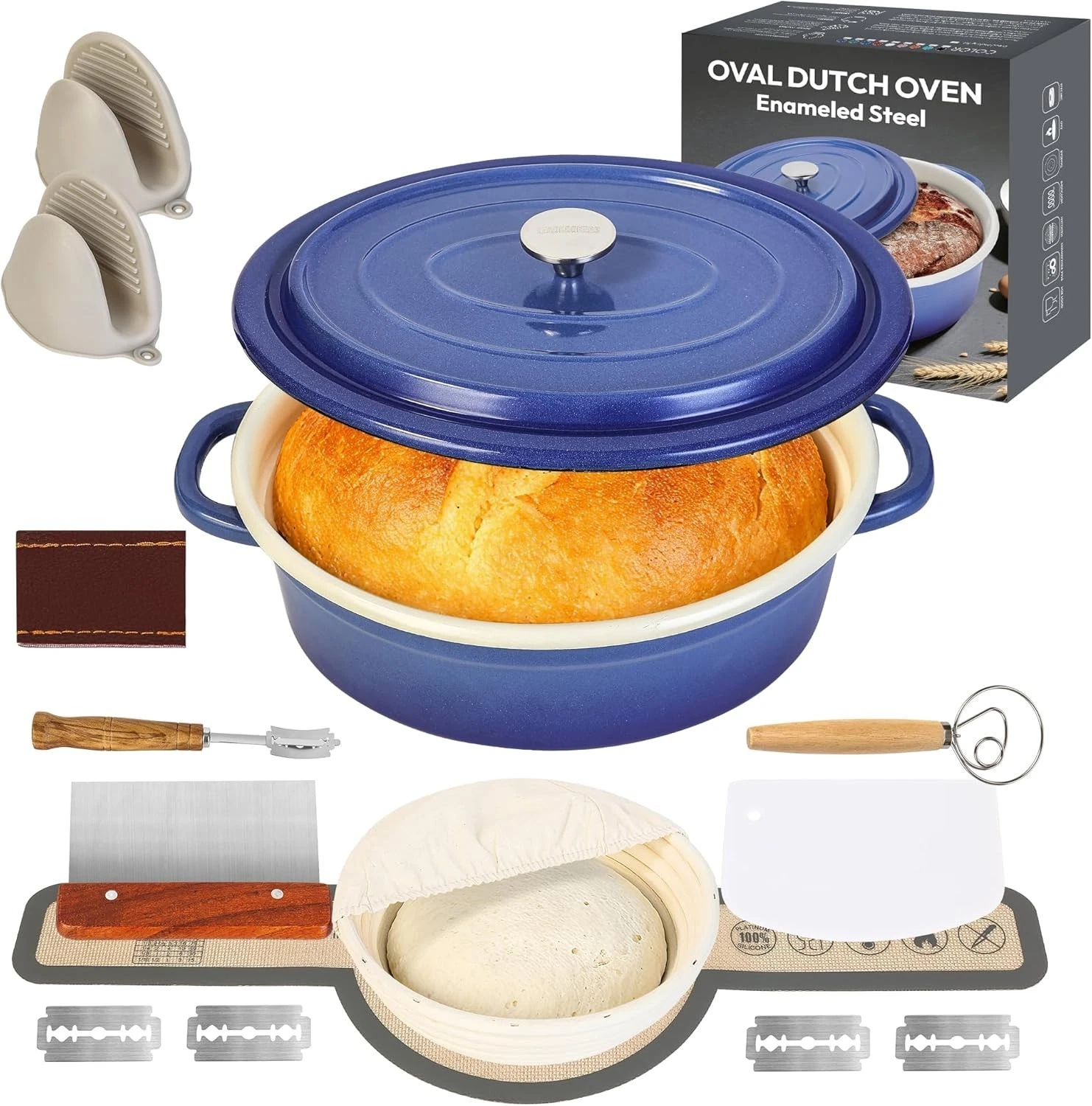 BOWEITI 8QT Enameled Steel Dutch Oven with Proofing Basket, Non-Stick Ovenproof