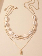 Beige Bohemian Vintage Seashell Beaded Layered Necklace Set For Women