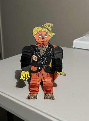 Vintage 1960s Beistle Crepe Scarecrow Dancer & Crepe Pumpkin Decorations