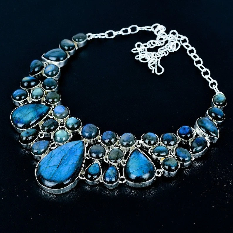Collar de joyería de plata de ley 925 hecho a mano con piedras preciosas de labradorita talla 17-18" Foto 3 de 4