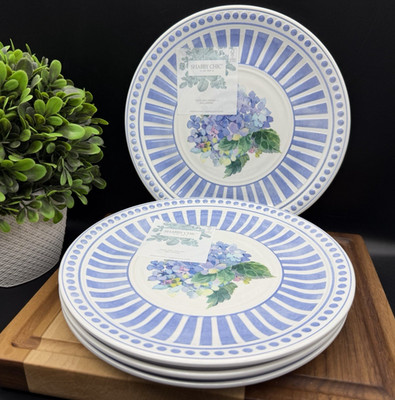SHABBY CHIC MELAMINE White Floral Lavender & Blue 9'' Salad Plates (SET OF 4) NEW
