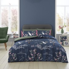 Image of Maki Duvet Cover Reversible Navy Floral Bird Bedding Set With Pillow Case