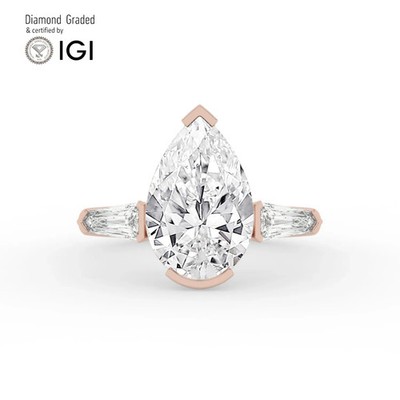 Pear Diamond Trilogy Ring 18k Rose Gold Labgrown 3.70 Ct Solitaire
