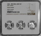 1943 P D S 1c Lincoln Steel Wheat Cent Set NGC Graded MS 64 Three Coin Holder