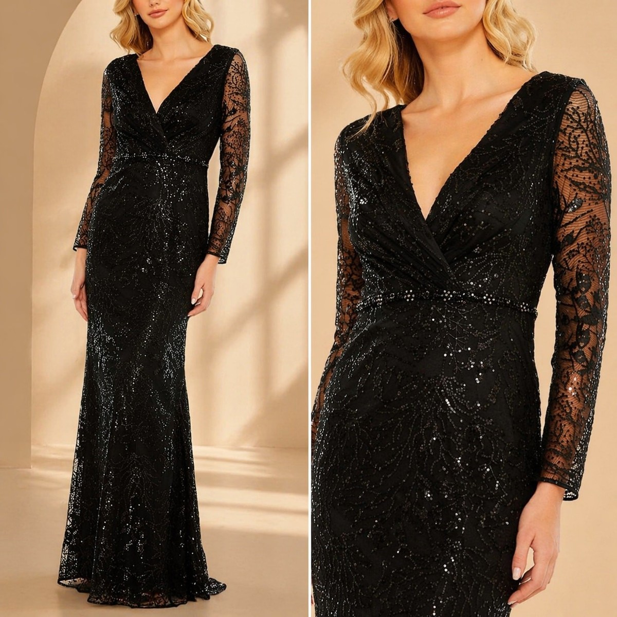 Mac Duggal Embellished Wrap Over Long Sleeve Gown Maxi Dress Black Size 16 68016 | eBay Mac Duggal Embellished Wrap Over Long Sleeve Gown Maxi Dress Black Size 16 68016 | eBay
