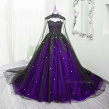 Gothic Black and Purple Wedding Dresses Lace Appliques with Shawl Bridal Gowns