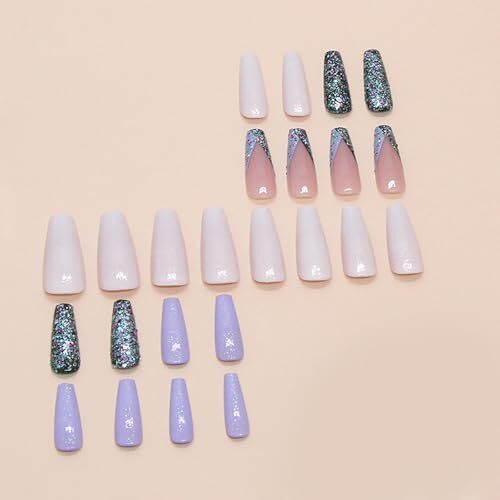24 Pcs Fall Winter Coffin Press on Nails Medium Fake Blue Purple Sequin Design - Picture 3 of 7