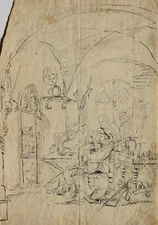 Unbekannt Tuschzeichnung 18. Jhd. / Landsknechte Kartenspiel Gelage Shakespeare