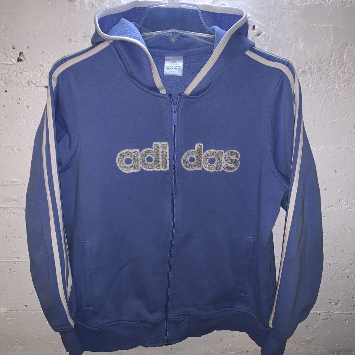 Adidas Three Stripe Logo Womens Full Zip Hoodie Blue White Size Large  Pockets