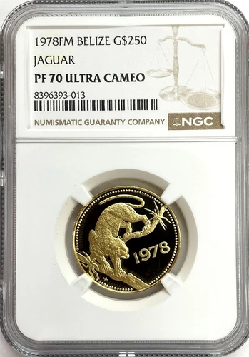 1978 FM GOLD BELIZE $250 DOLLAR JAGUAR COIN NGC PROOF 70 ULTRA CAMEO