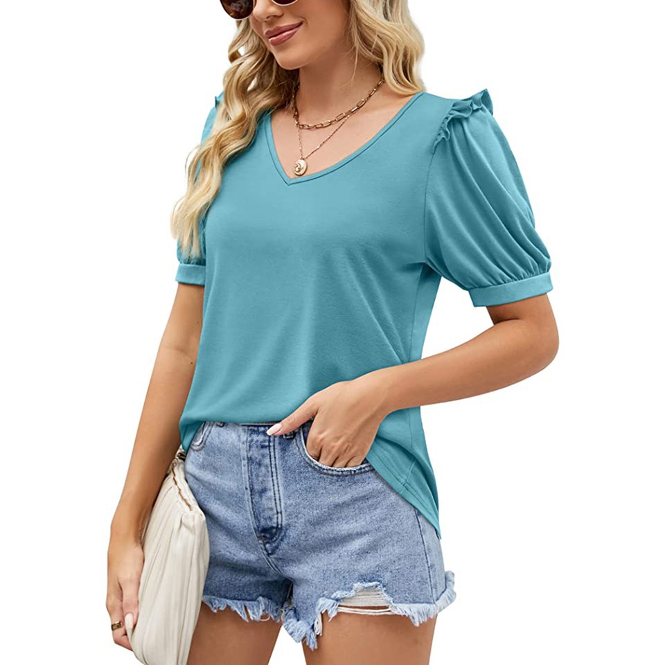 Puff Sleeve Blouse V Neck Pure Color Frill Trim Curve Hem Stretchy