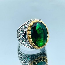 Men Simulated Emerald Ring 925 Sterling Silver Ring Green Stone Handmade Ring