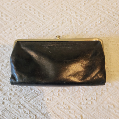 #ad Hobo International Lauren Wallet Clutch Double Frame Solid Black Silver Metal