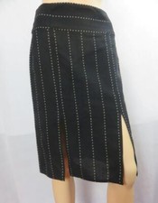 Gianfranco Ferre Black Wool Slit Skirt Brown Embroidery Dots Size 40 S 27" Waist